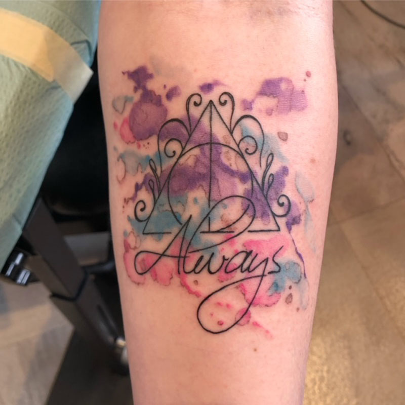 Linework, Watercolor, Lettering and Script, Harry Potter tattoo by Orlando  Tattoo Artist – Scott “Cool-Aid” Irwin